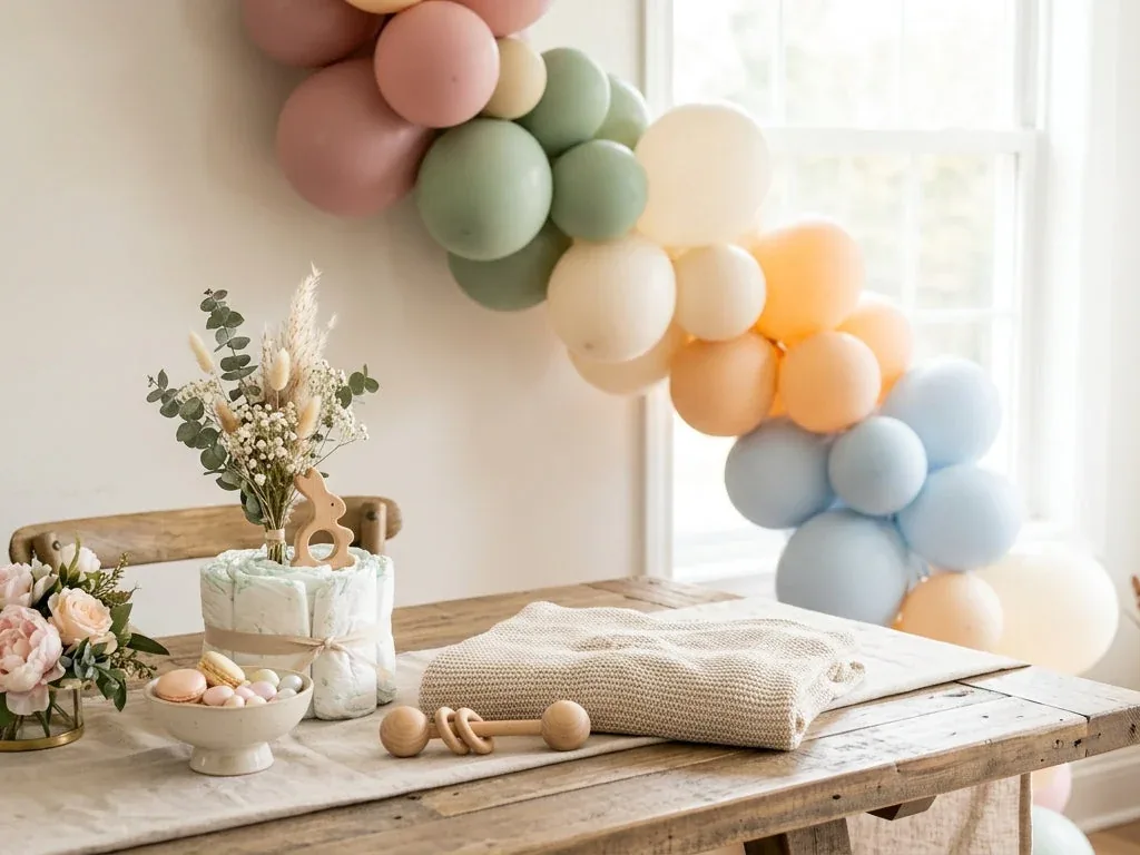 A baby shower table set with a pastel balloon arch, dried flowers and a folded knitted blanket